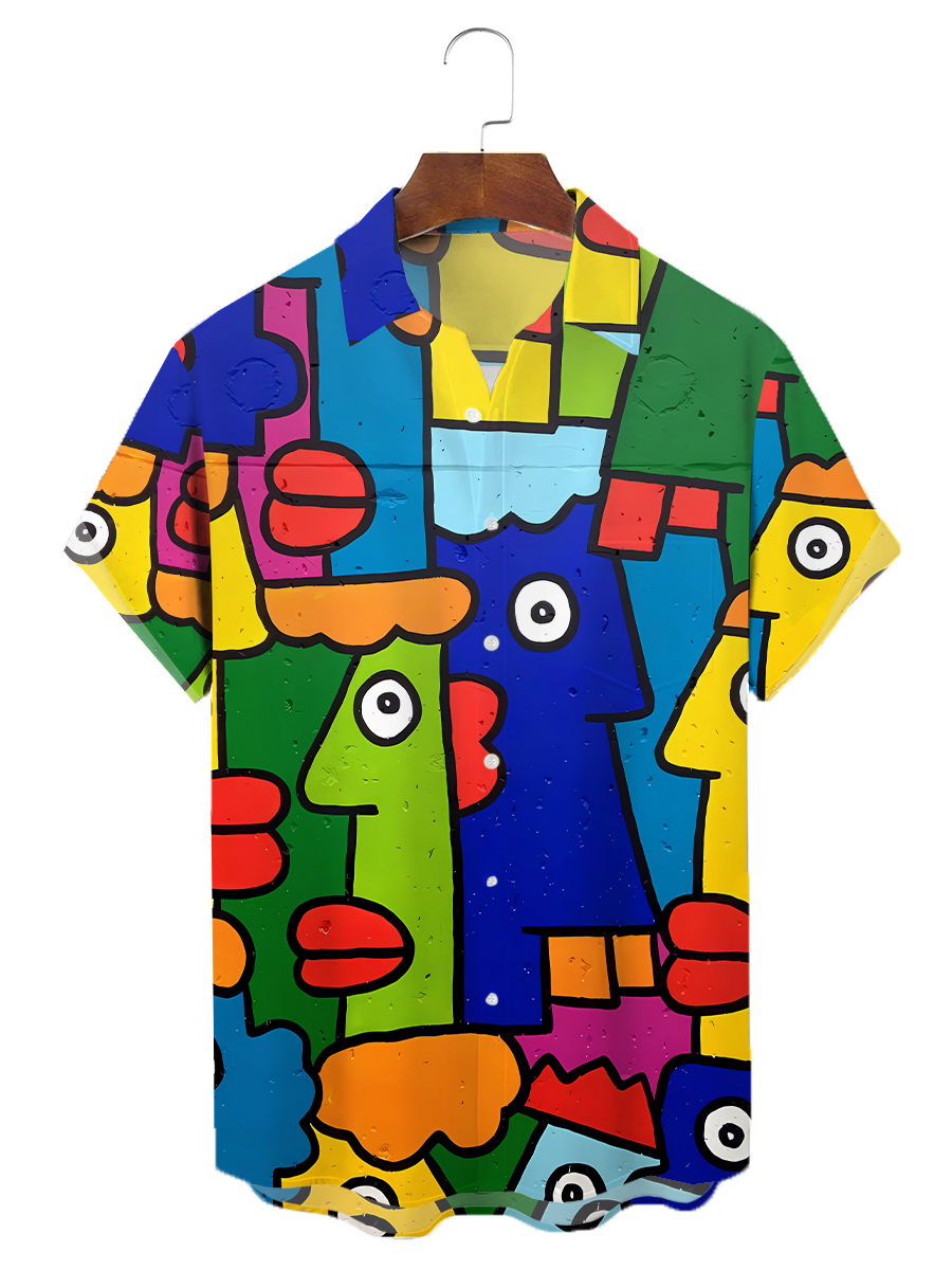 Men's Hawaiian Shirt Colorful Nostalgic Cartoon Print Short Sleeve Shirt
