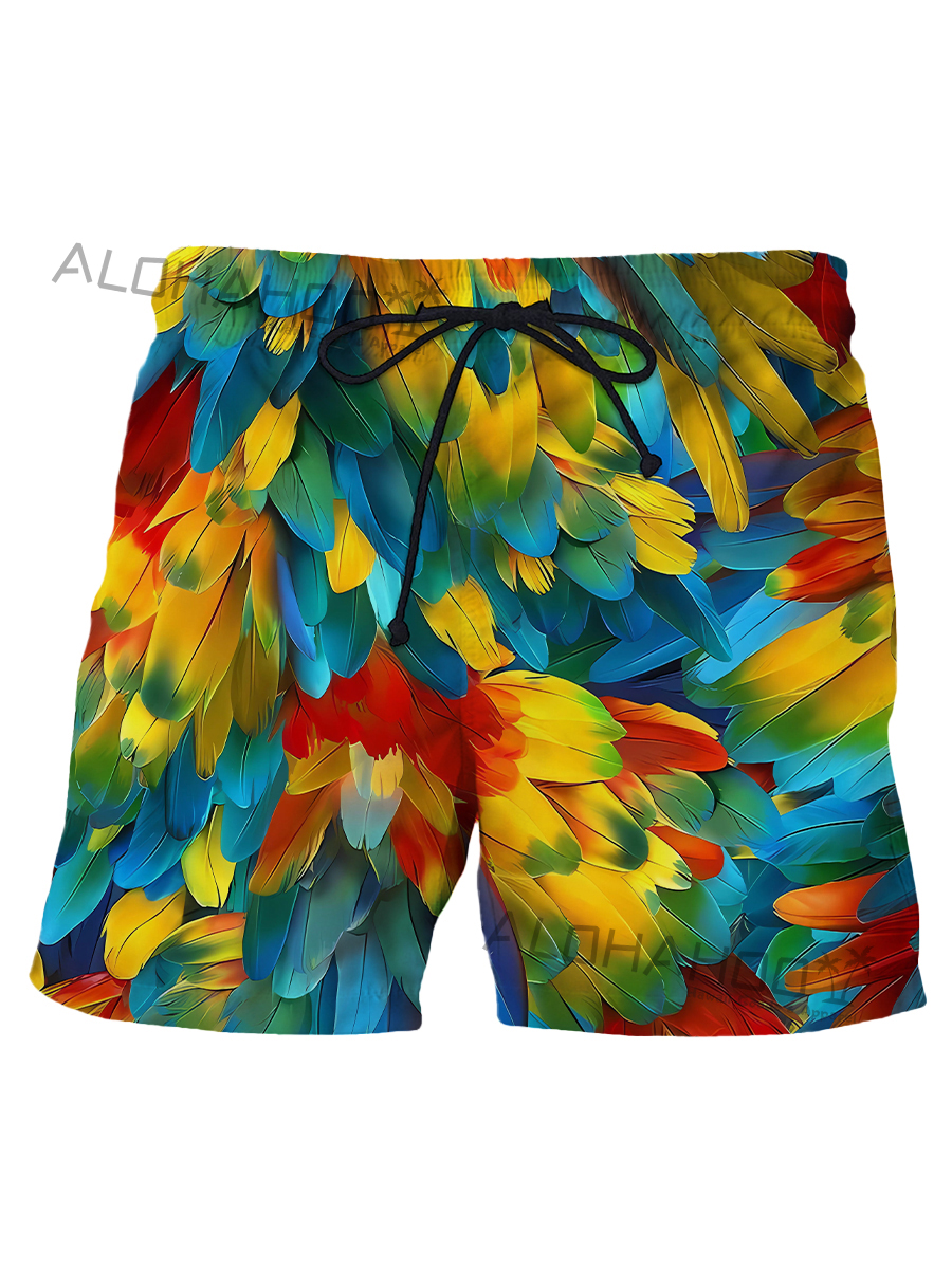 Holiday Multicolor Parrot Feather Print Beach Shorts