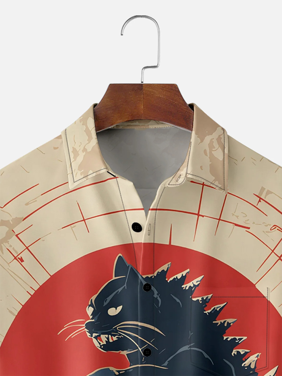 Moisture-wicking Ukiyo-e Cat Monster Chest Pocket Hawaiian Shirt