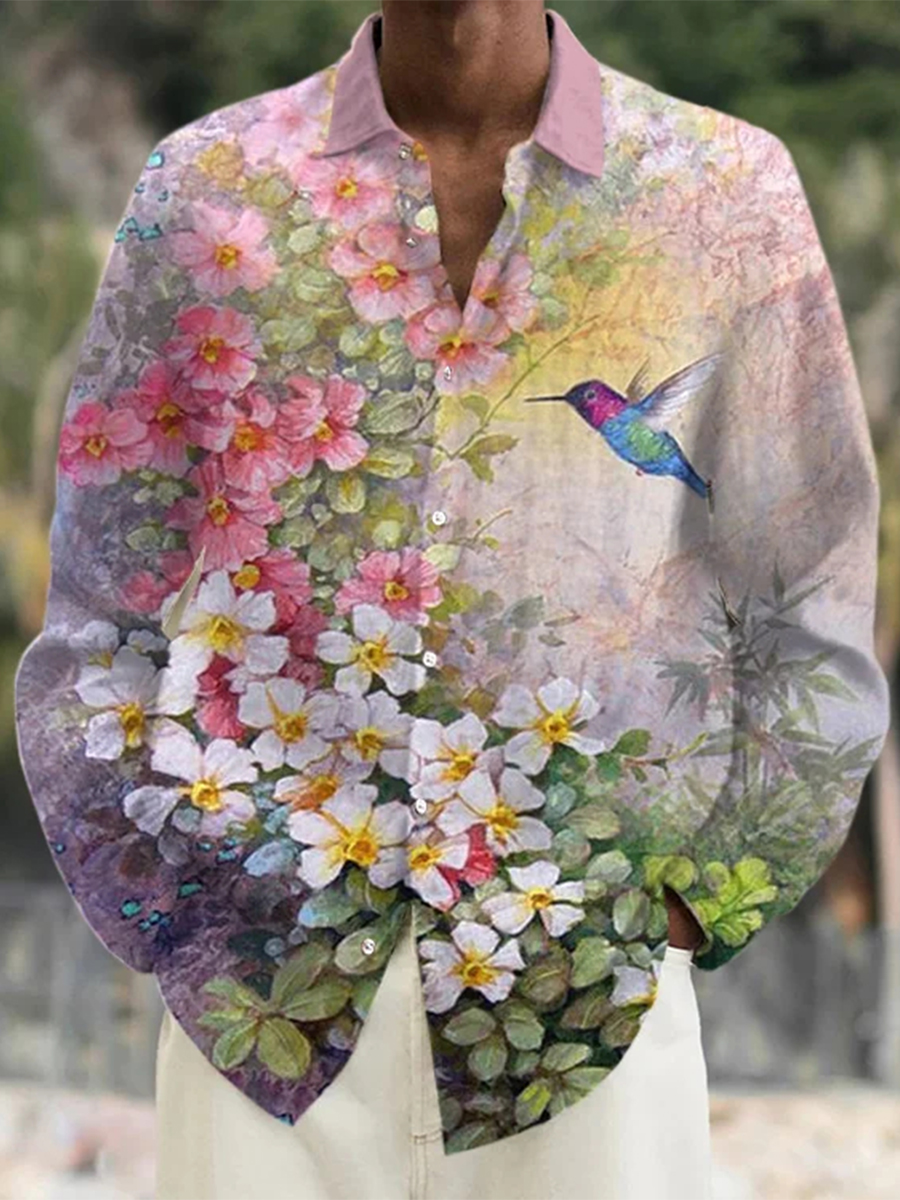 Men's Bird Floral Long Sleeve Casual Shirt