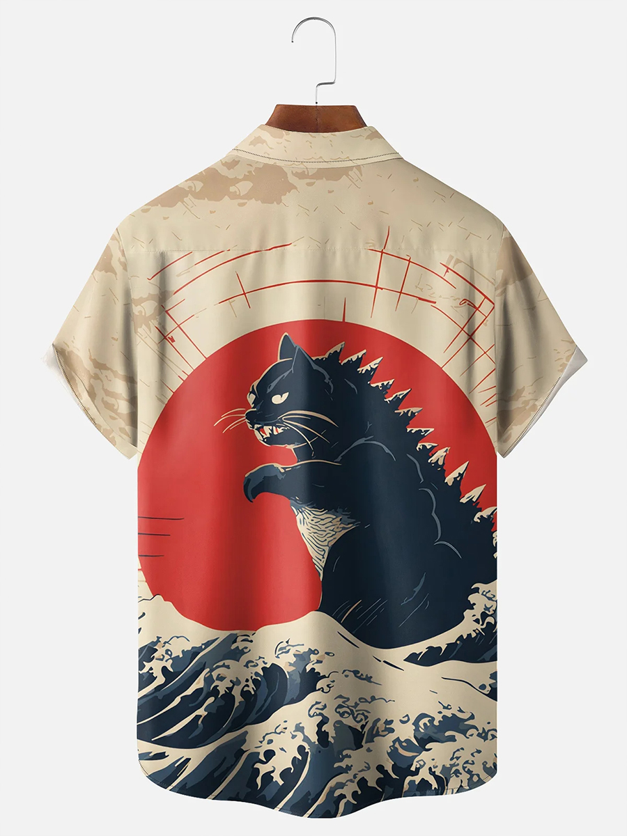 Moisture-wicking Ukiyo-e Cat Monster Chest Pocket Hawaiian Shirt
