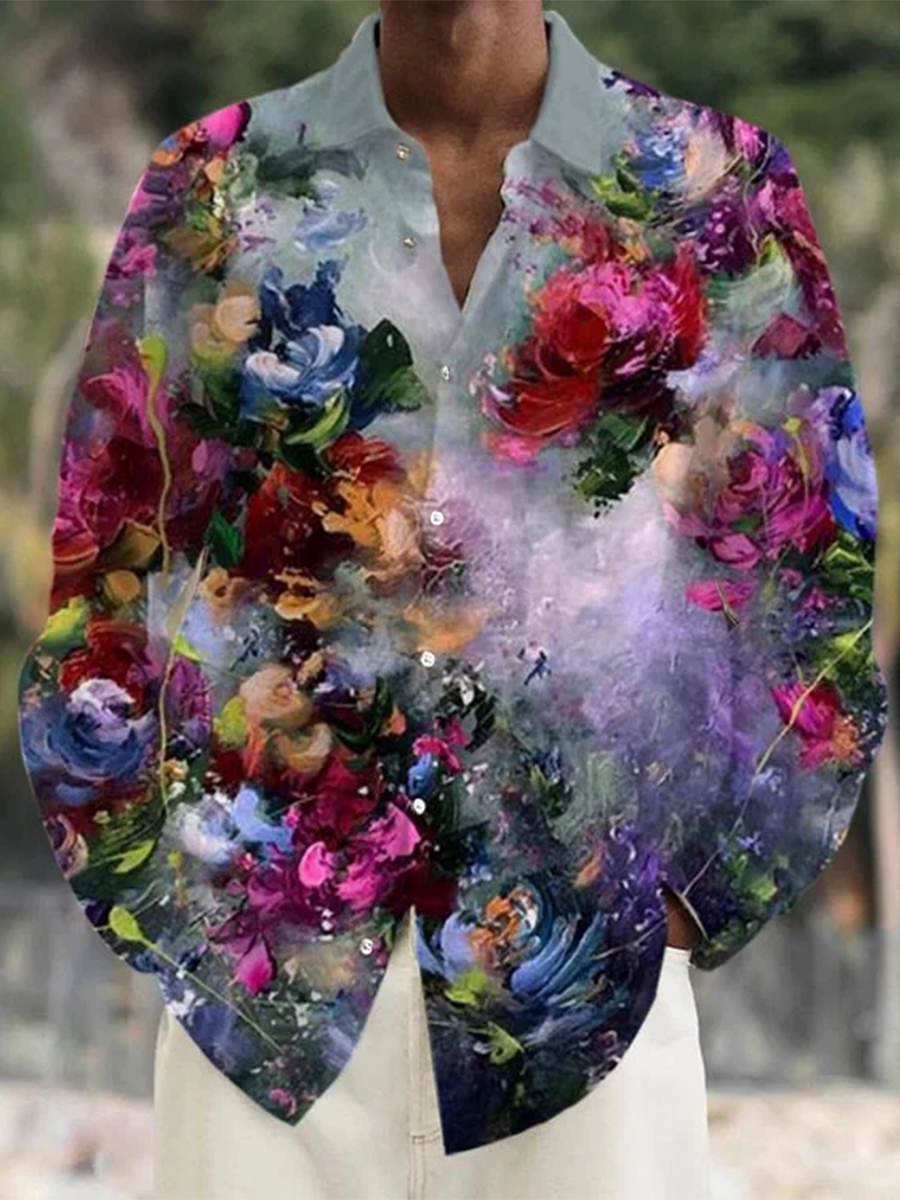 Men's Art Flower Long Sleeve Casual Shirt