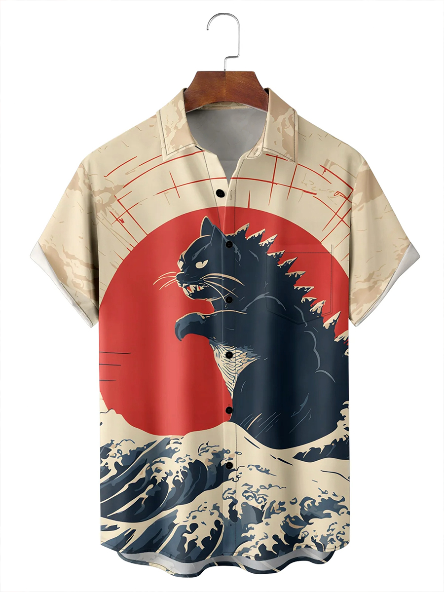 Moisture-wicking Ukiyo-e Cat Monster Chest Pocket Hawaiian Shirt