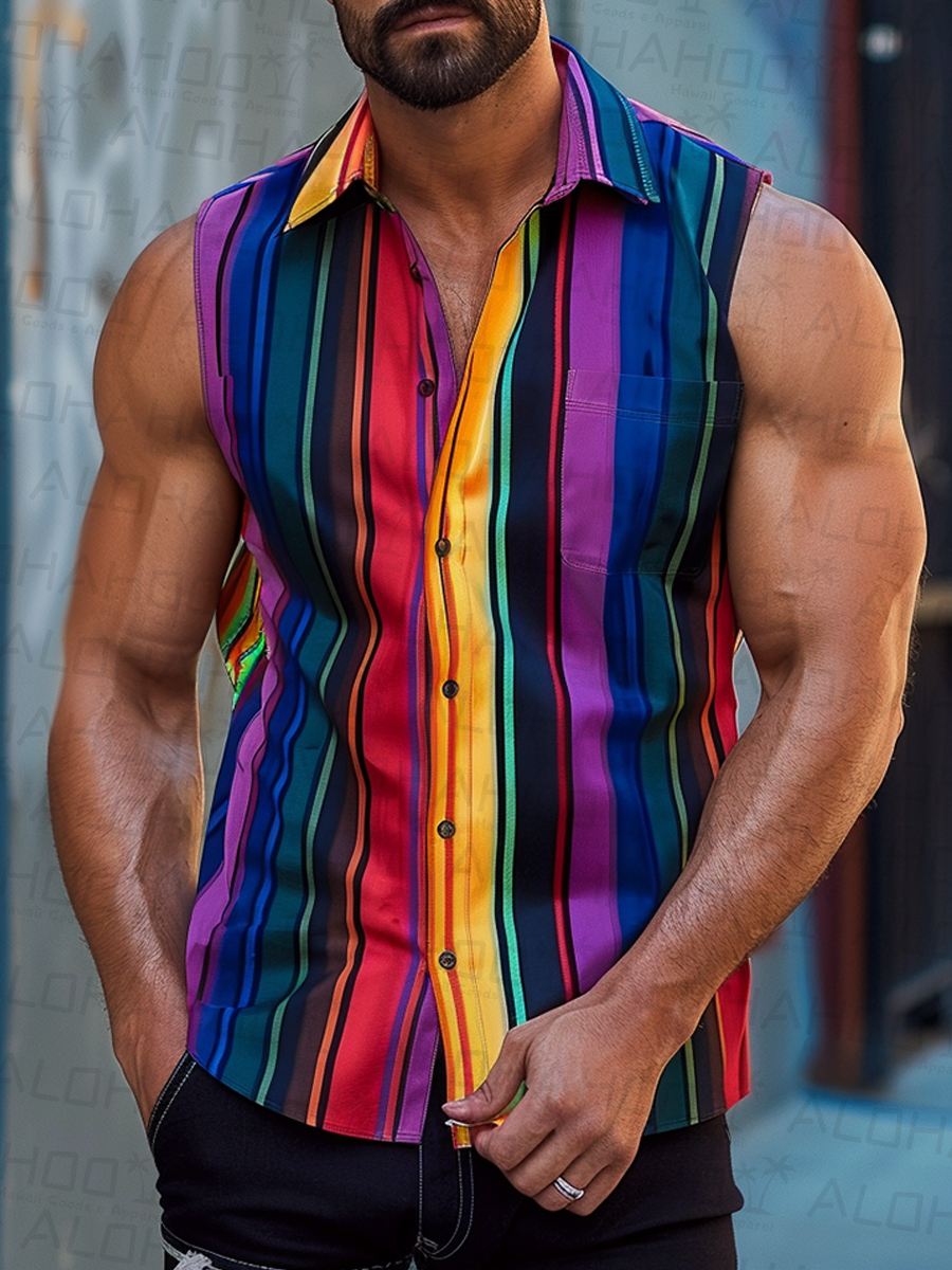 Men's Hawaiian Shirts Rainbow Stripes Print Sleeveless Shirts