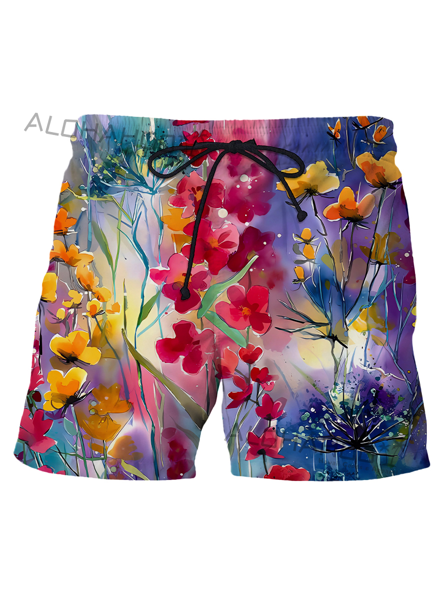 Holiday Multicolor Abstract Flowers Print Beach Shorts