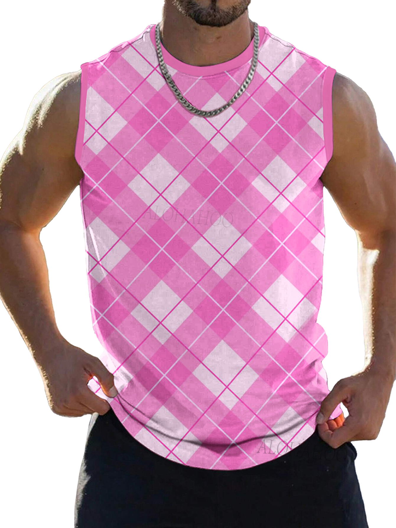 Men's Tank Top Doll Pink Style Plaid Print Cozy Sleeveless T-Shirt