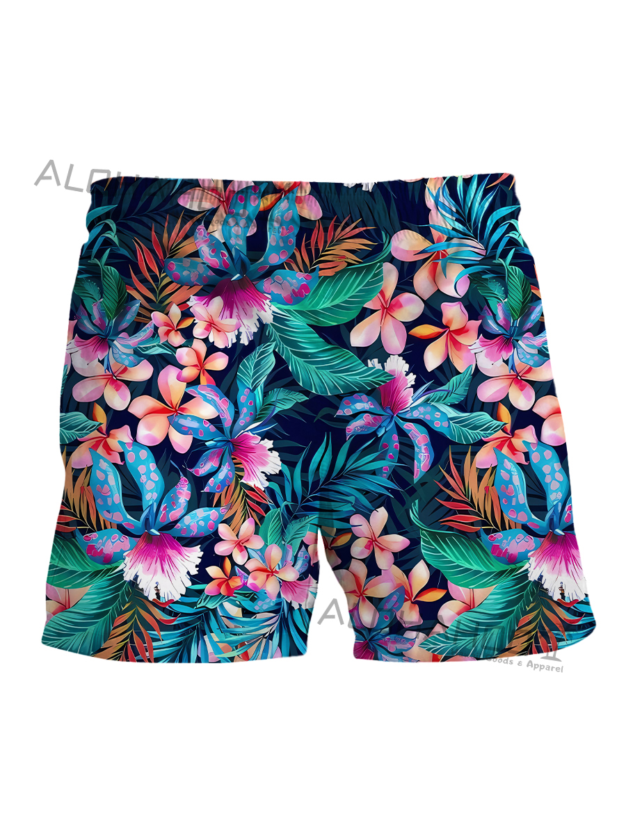 Holiday Tropical Garden Flowers Print Beach Shorts