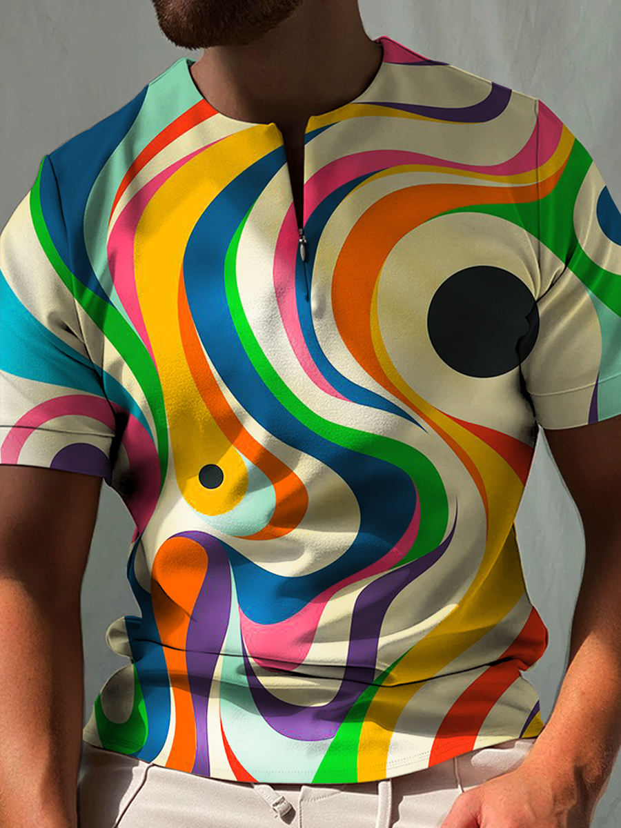 Rainbow Arts Print Zipper Polo Shirt