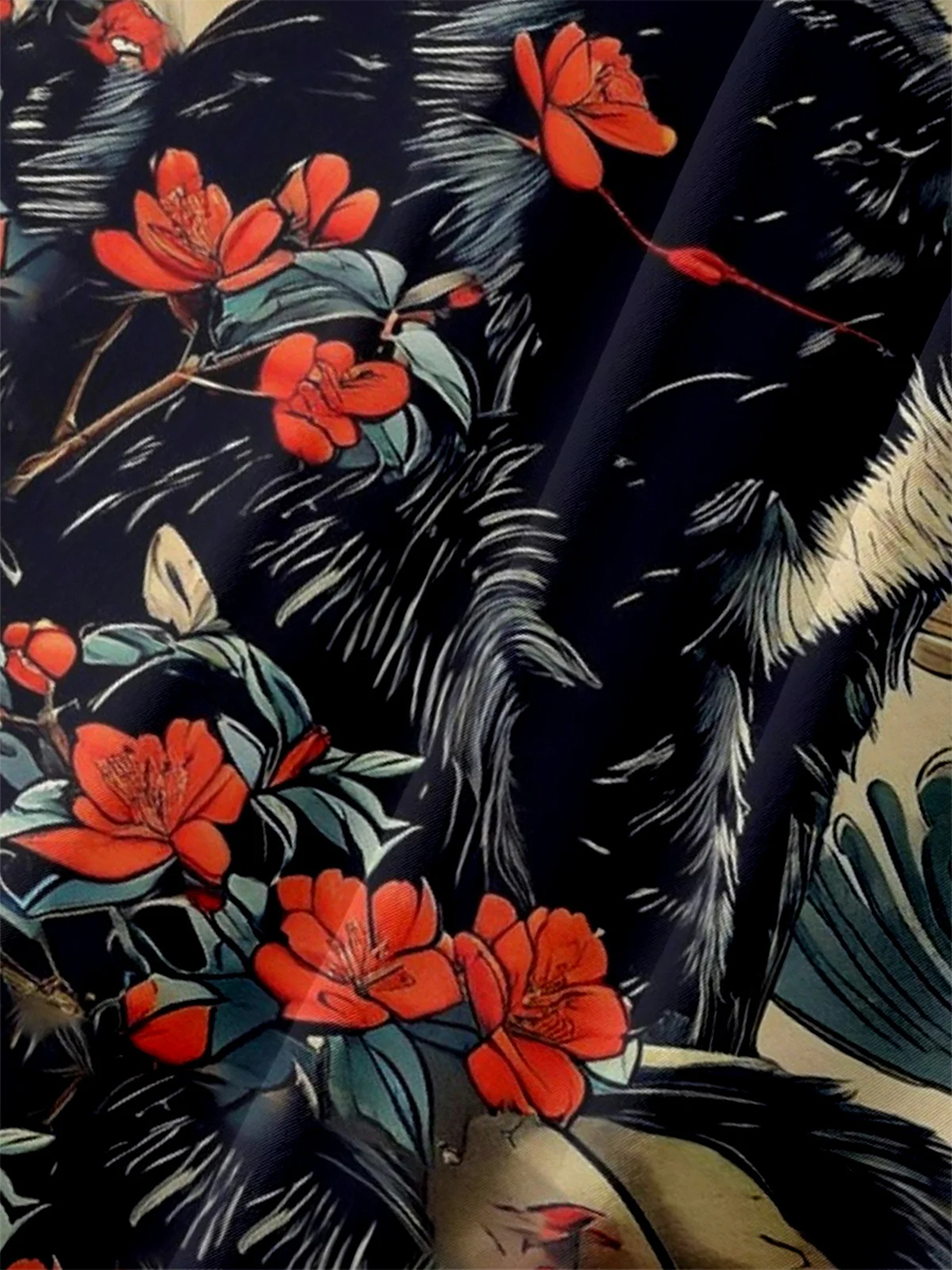 Moisture-wicking Ukiyo-e Cat Chest Pocket Hawaiian Shirt