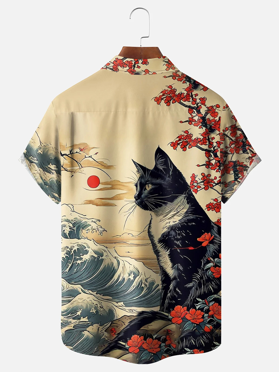 Moisture-wicking Ukiyo-e Cat Chest Pocket Hawaiian Shirt