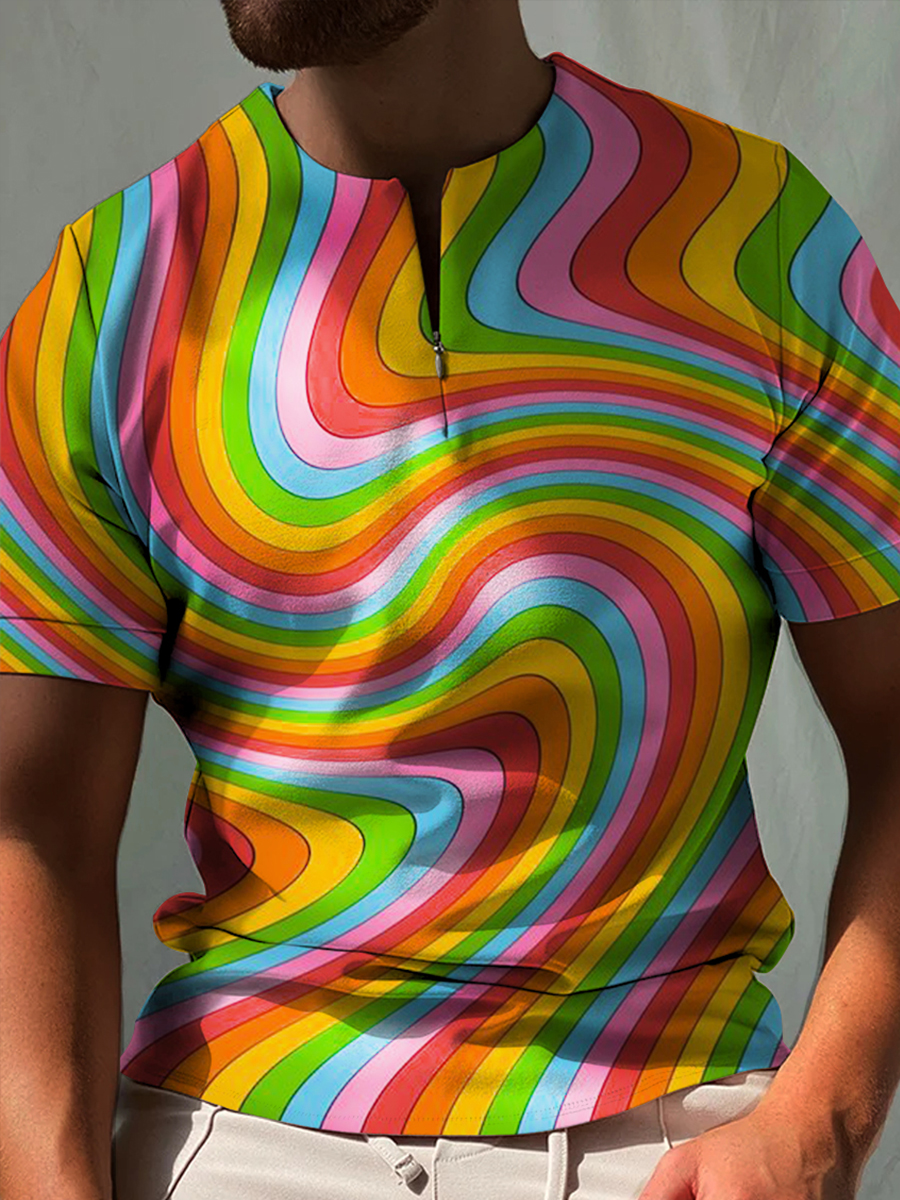 Rainbow Arts Print Zipper Polo Shirt