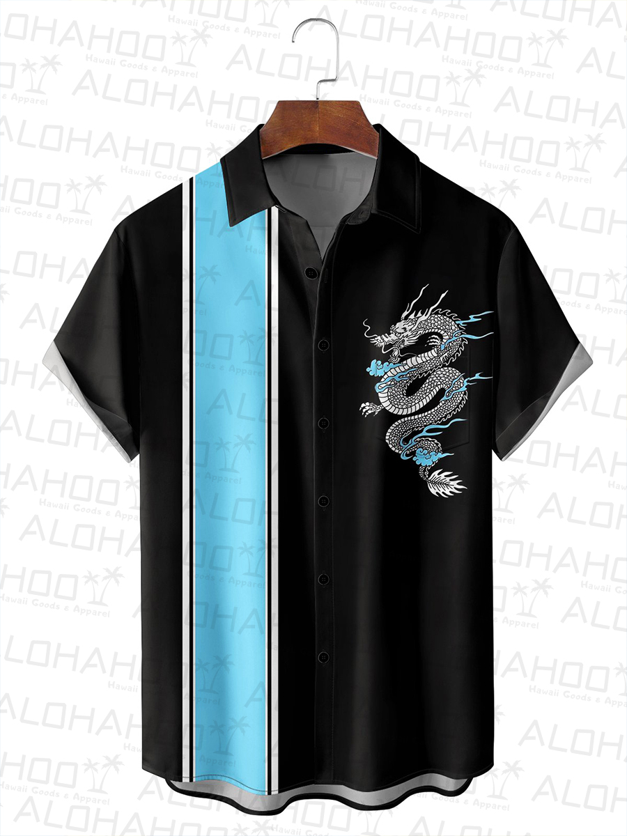 Retro Dragon Pattern Chest Pocket Bowling Shirt