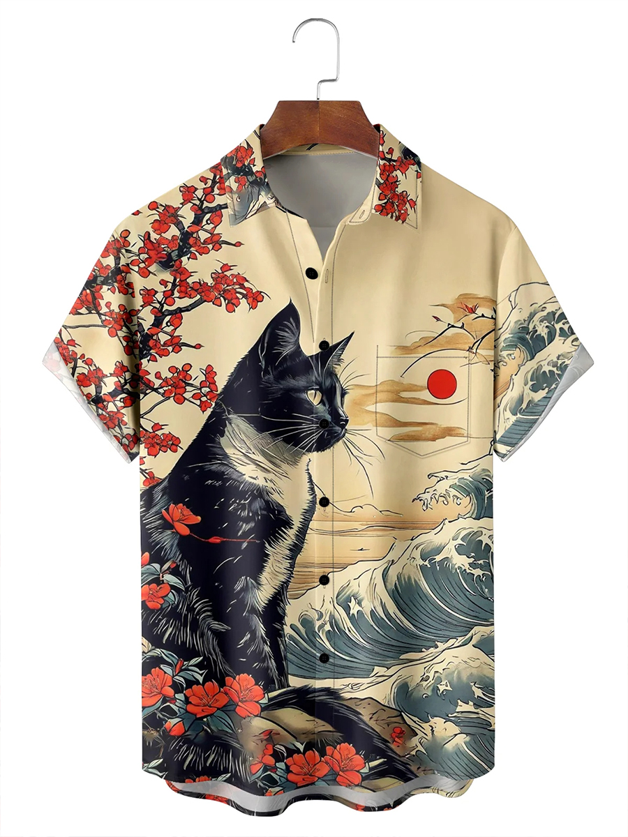 Moisture-wicking Ukiyo-e Cat Chest Pocket Hawaiian Shirt