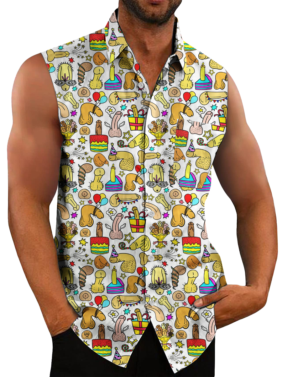 Men's Hawaiian Shirts Fun Cock Gift Print Sleeveless Dirty Christmas Shirts