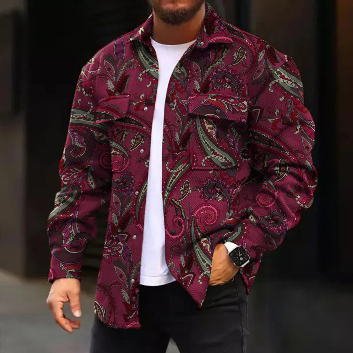 Men's Casual Jacket Retro Paisley Pattern Long Sleeve Pockets Shirt Jacket