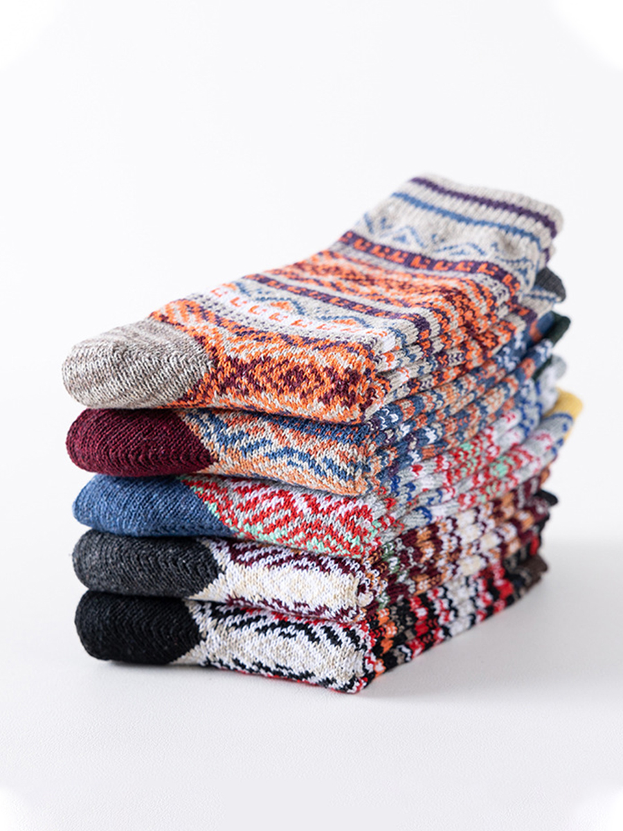 5 Pairs Of Men's Retro Pattern Cotton Socks