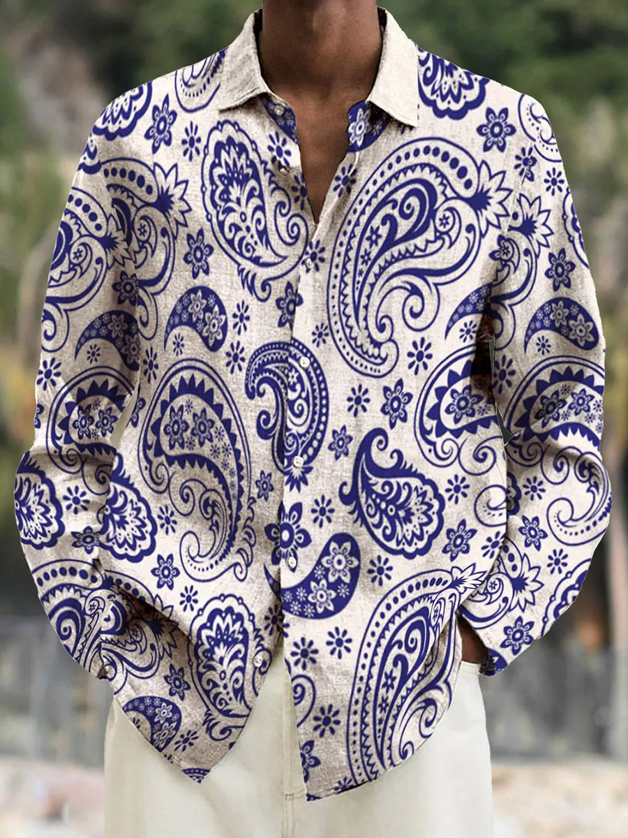 Men's Casual Shirt Vintage Paisley Print Turndown Long Sleeve Print Shirt