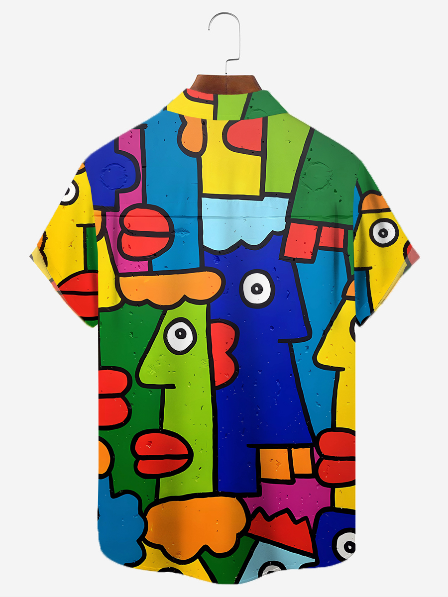 Men's Hawaiian Shirt Colorful Nostalgic Cartoon Print Short Sleeve Shirt