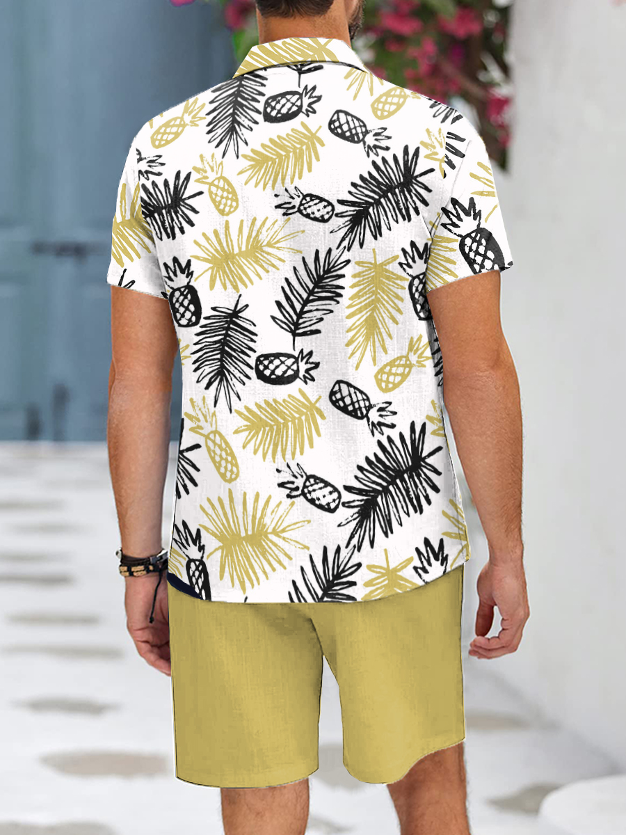 Men's Sets Pineapple Print Button Pocket Two-Piece Hawaiian Shirt Shorts Set