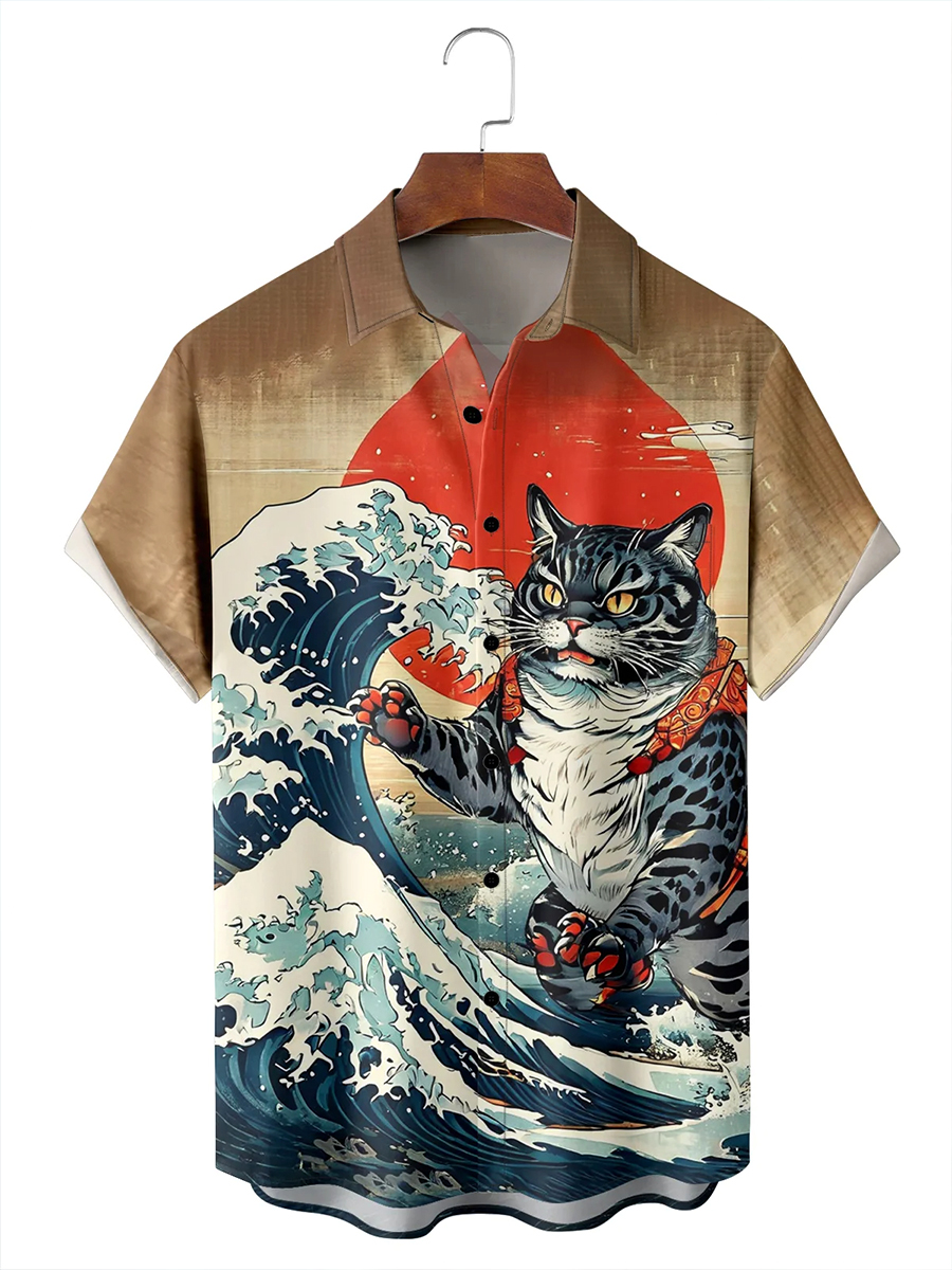 Moisture-wicking Ukiyo-e Cat Chest Pocket Hawaiian Shirt