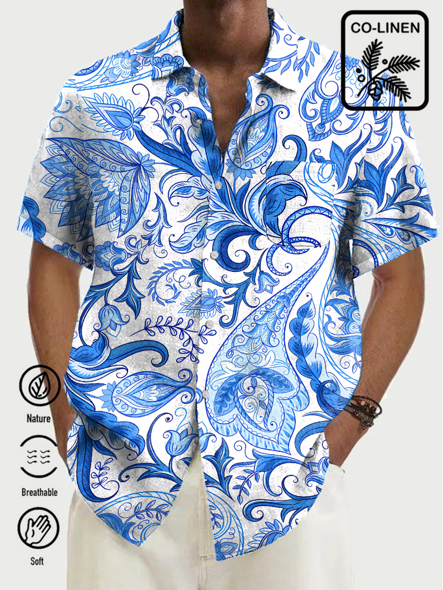 Men's Cotton-Linen Shirt Retro Blue And White Porcelain Paisley Breathable Plus Size Shirts