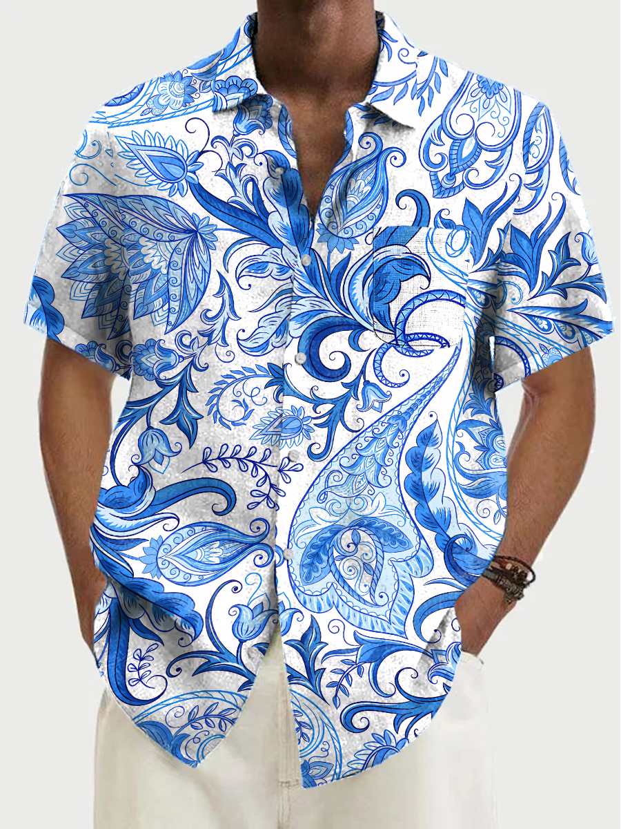 Men's Cotton-Linen Shirt Retro Blue And White Porcelain Paisley Breathable Plus Size Shirts