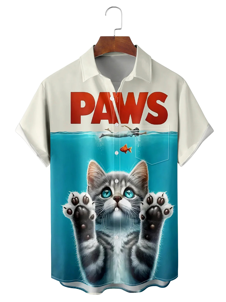 Moisture-wicking Funny Cat Chest Pocket Hawaiian Shirt