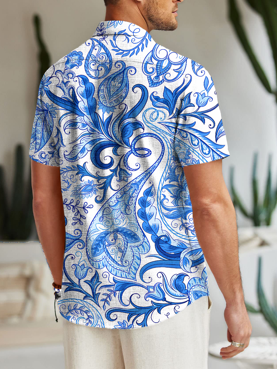 Men's Cotton-Linen Shirt Retro Blue And White Porcelain Paisley Breathable Plus Size Shirts