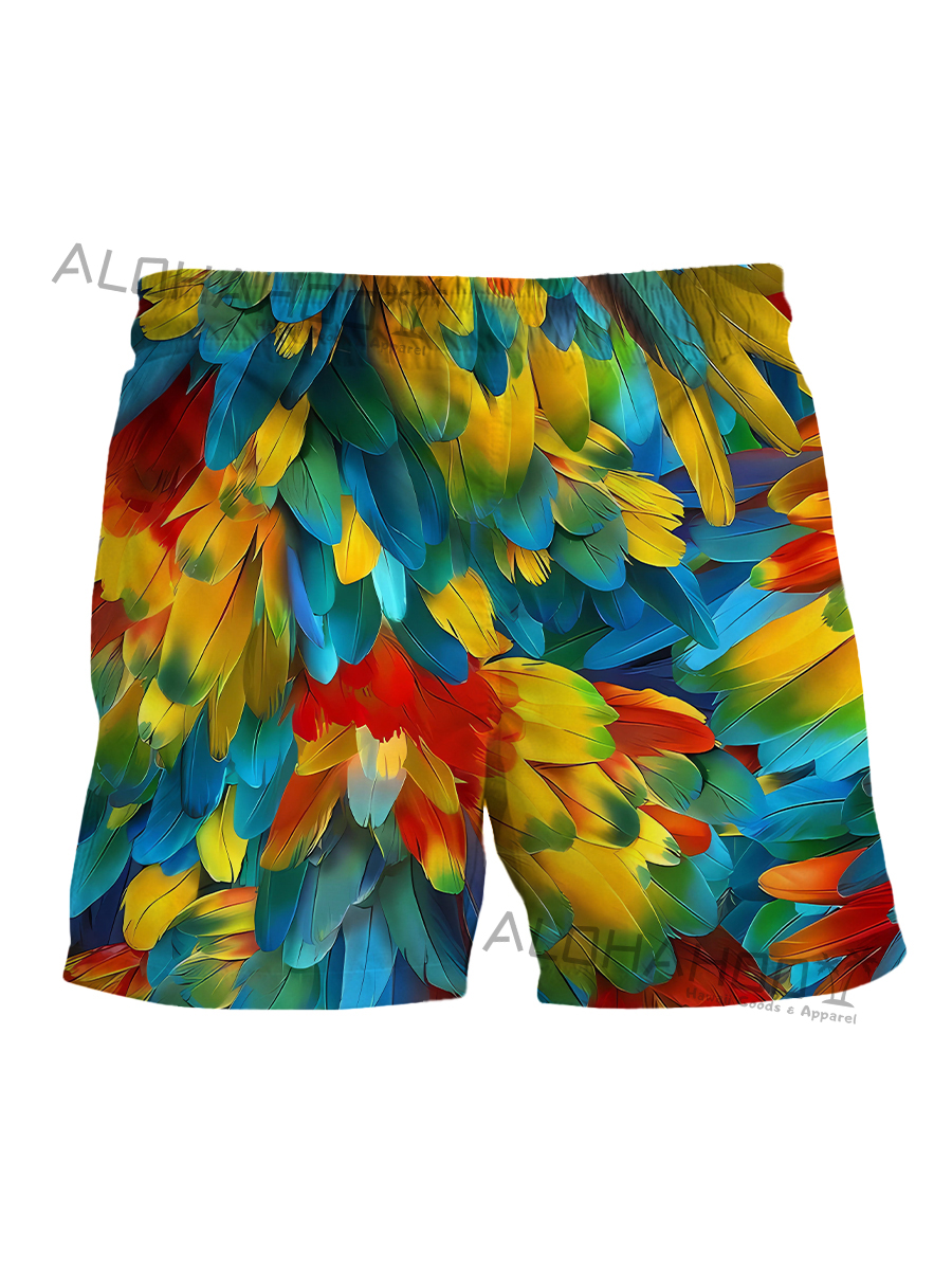 Holiday Multicolor Parrot Feather Print Beach Shorts