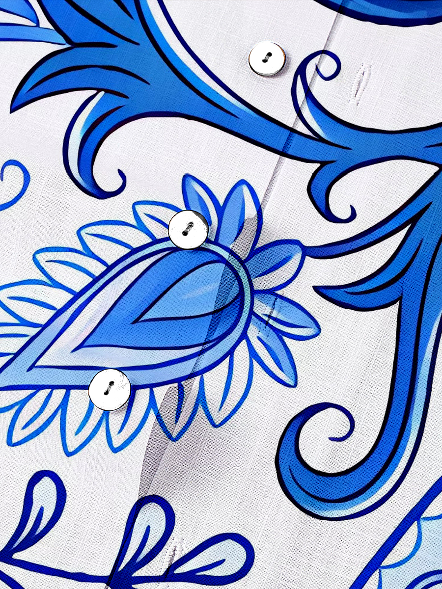 Men's Cotton-Linen Shirt Retro Blue And White Porcelain Paisley Breathable Plus Size Shirts