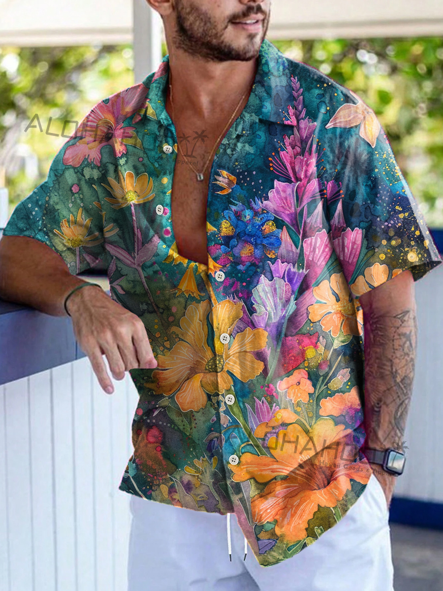 Alohahoo X Artist  Fantasy Watercolor Flowers Pattern Short-Sleeved Hawaiian Shirt
