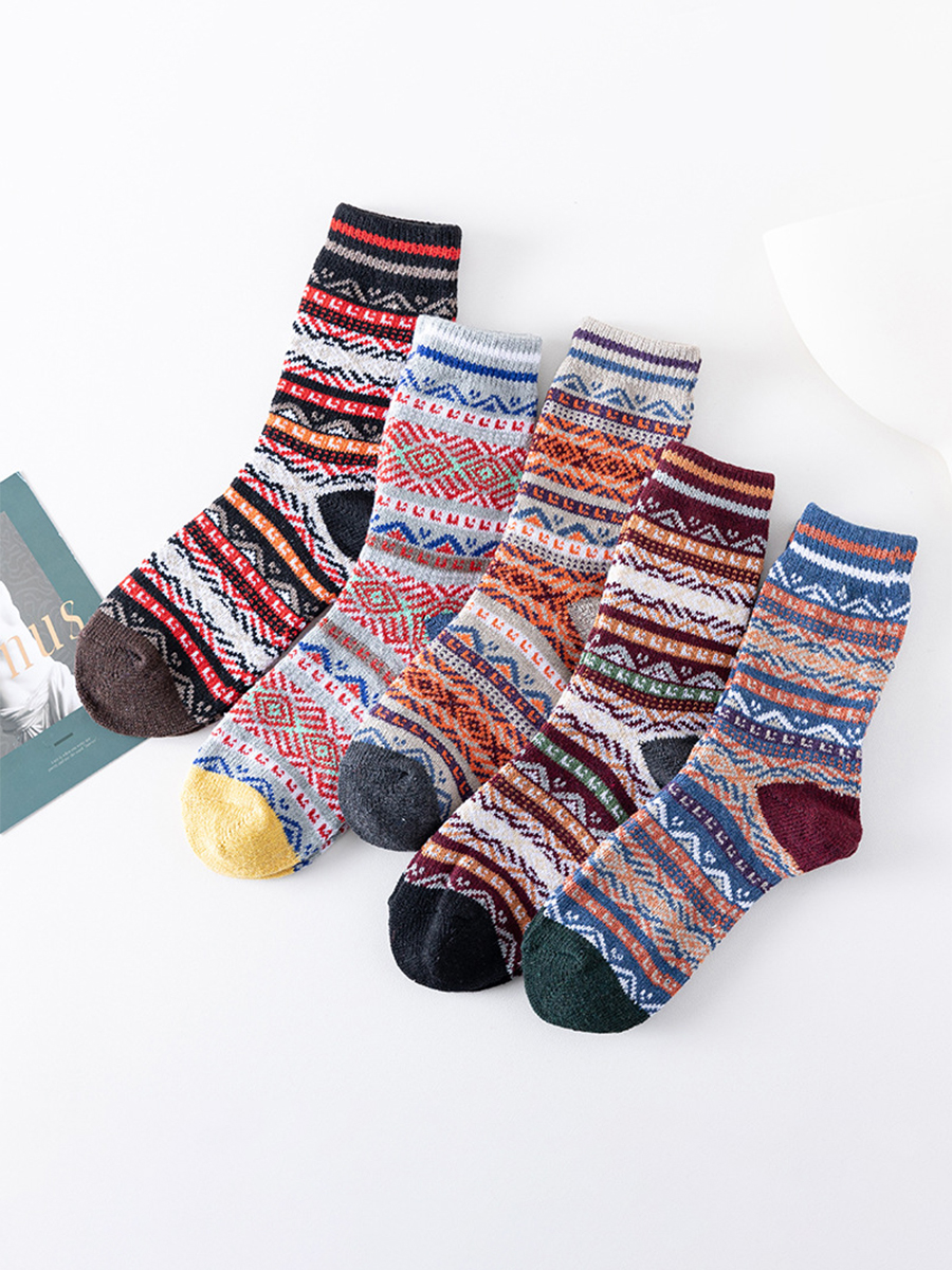 5 Pairs Of Men's Retro Pattern Cotton Socks