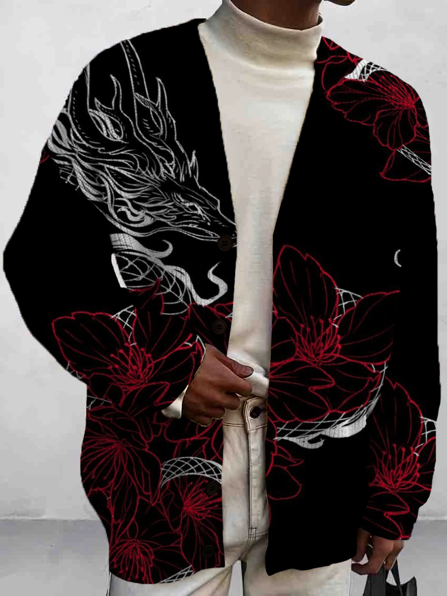 Men's Japanese Style Dragon Art Pattern Buttoned Cardigan Sweater