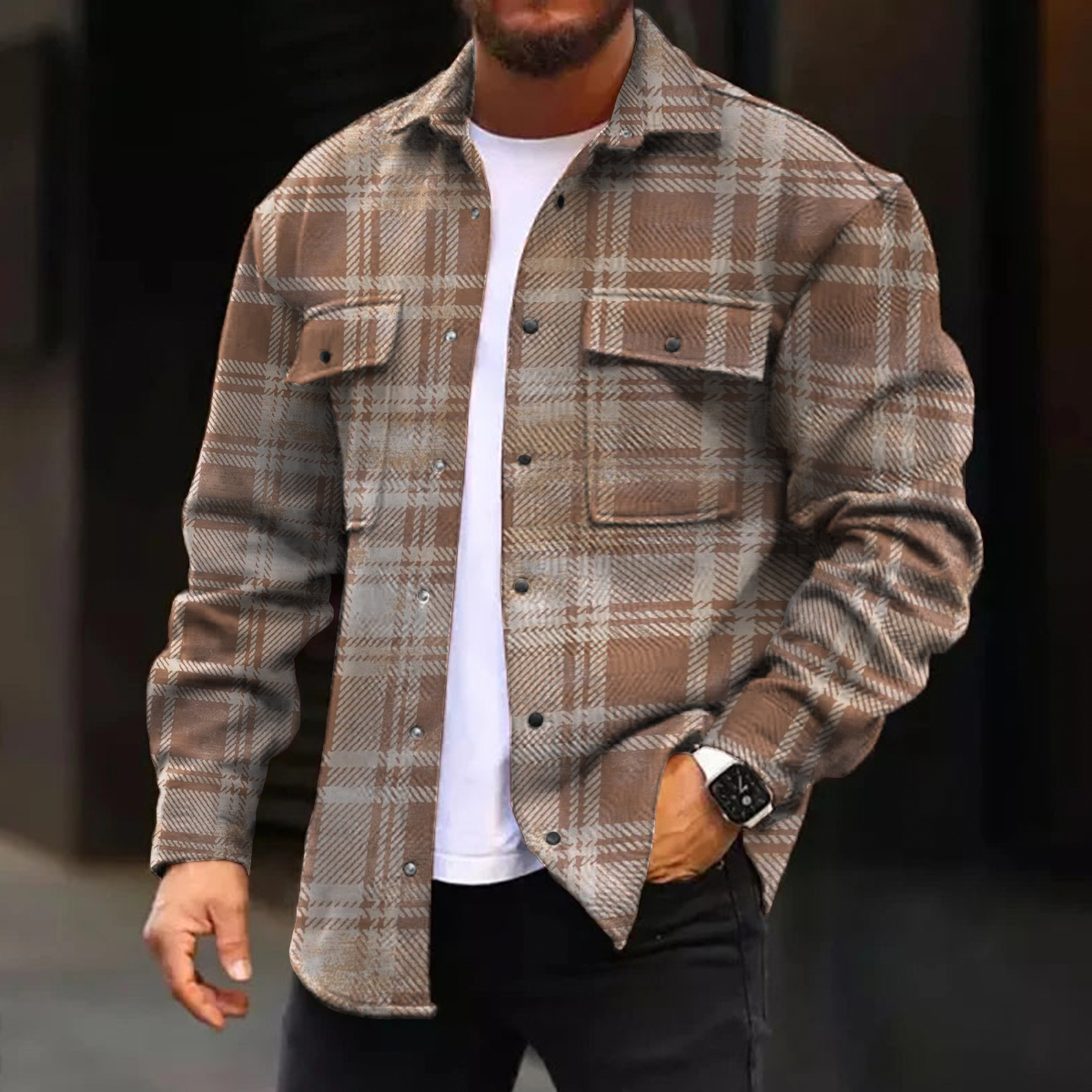 Men's Casual Jacket Retro Plaid Print Long Sleeve Pockets Shirt Jacket