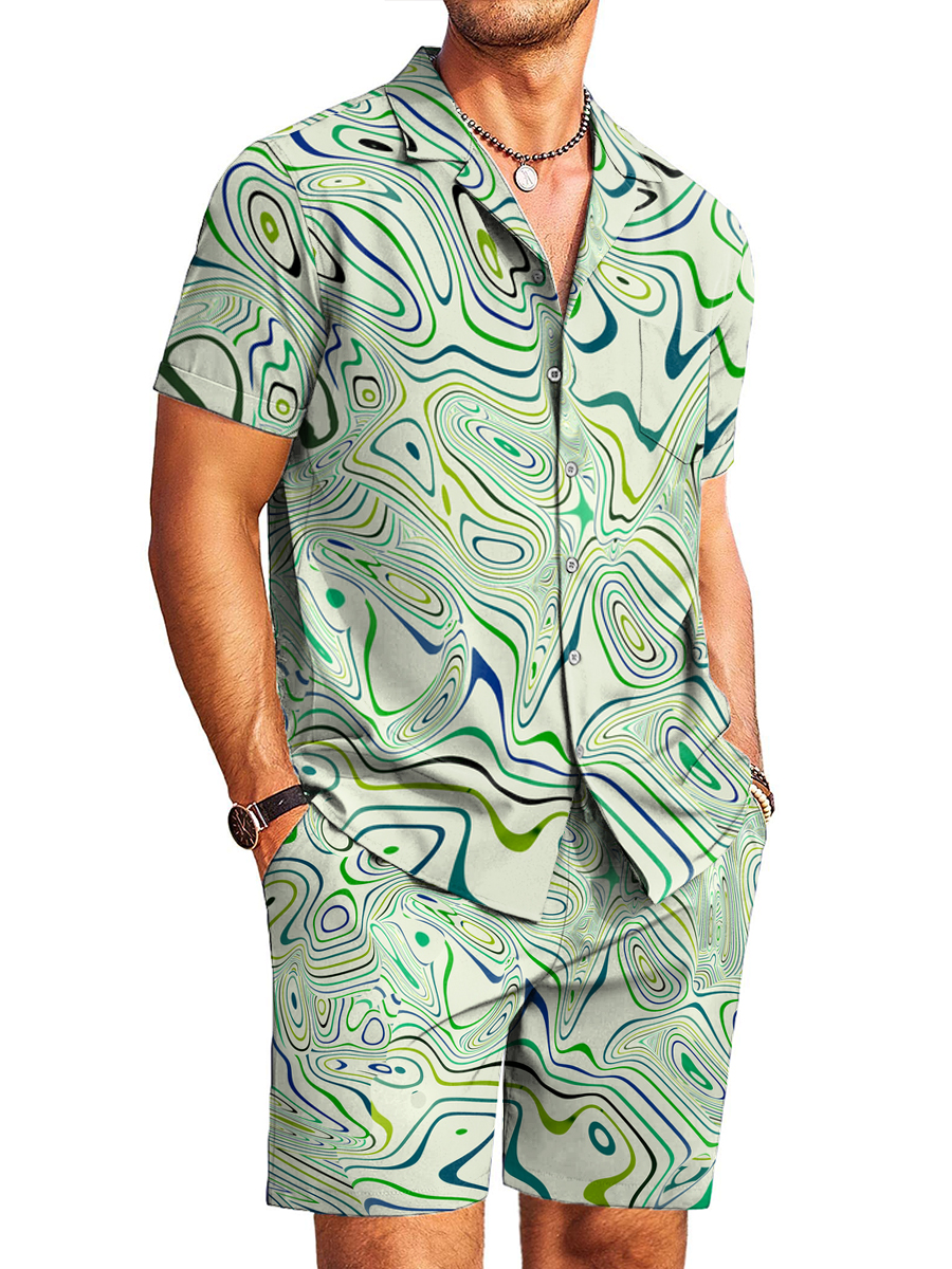 Men's Sets Hawaiian Stylish Abstract Geometry Print Button Pocket Two-Piece Shirt Shorts Set