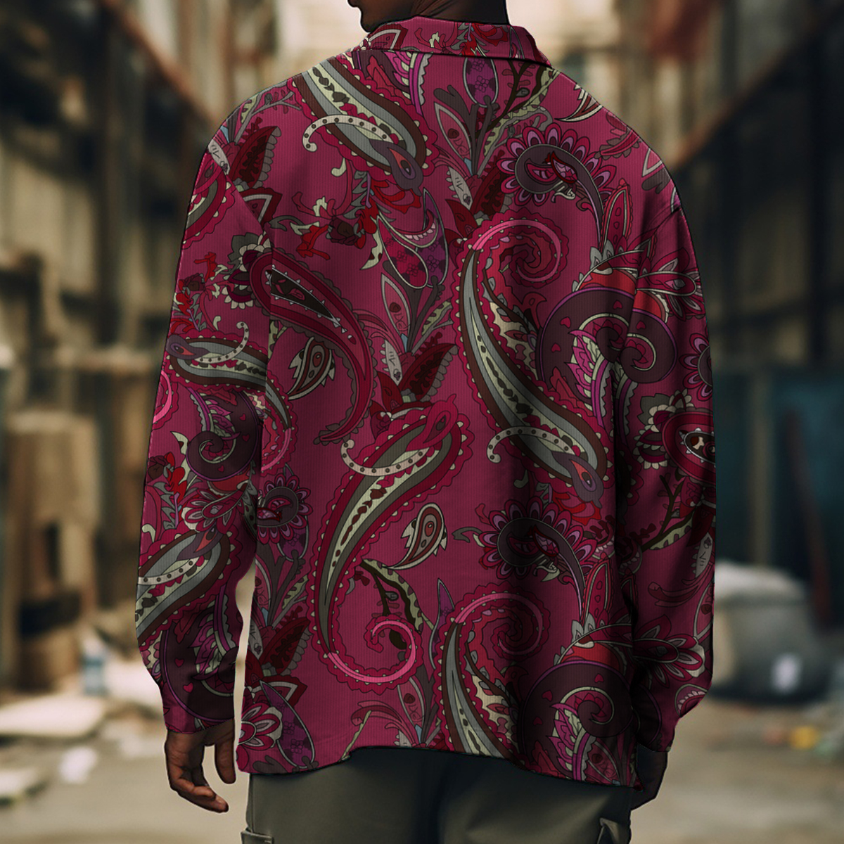 Men's Casual Jacket Retro Paisley Pattern Long Sleeve Pockets Shirt Jacket