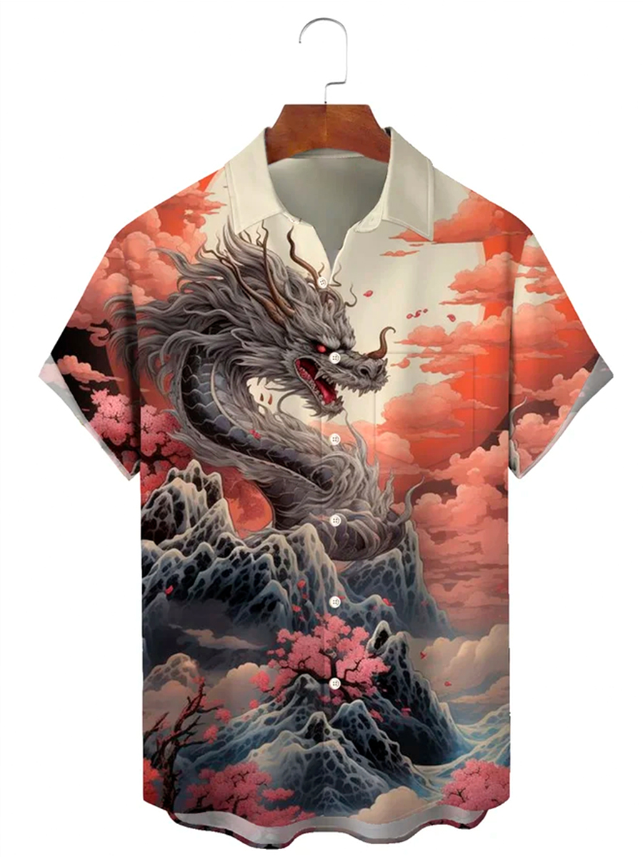 Vintage Ukiyoe Dragon Print Men's Button Pocket Shirt