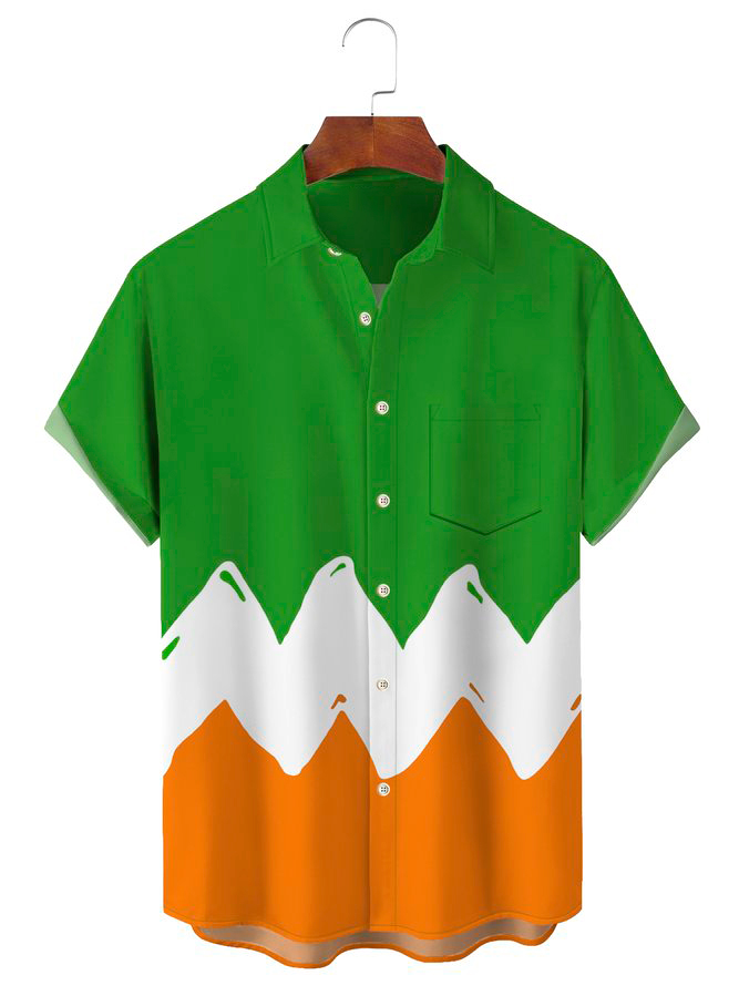 St. Patrick's Holiday Men's Vintage Shirt Fun Cartoon Pocket Camp Shirt