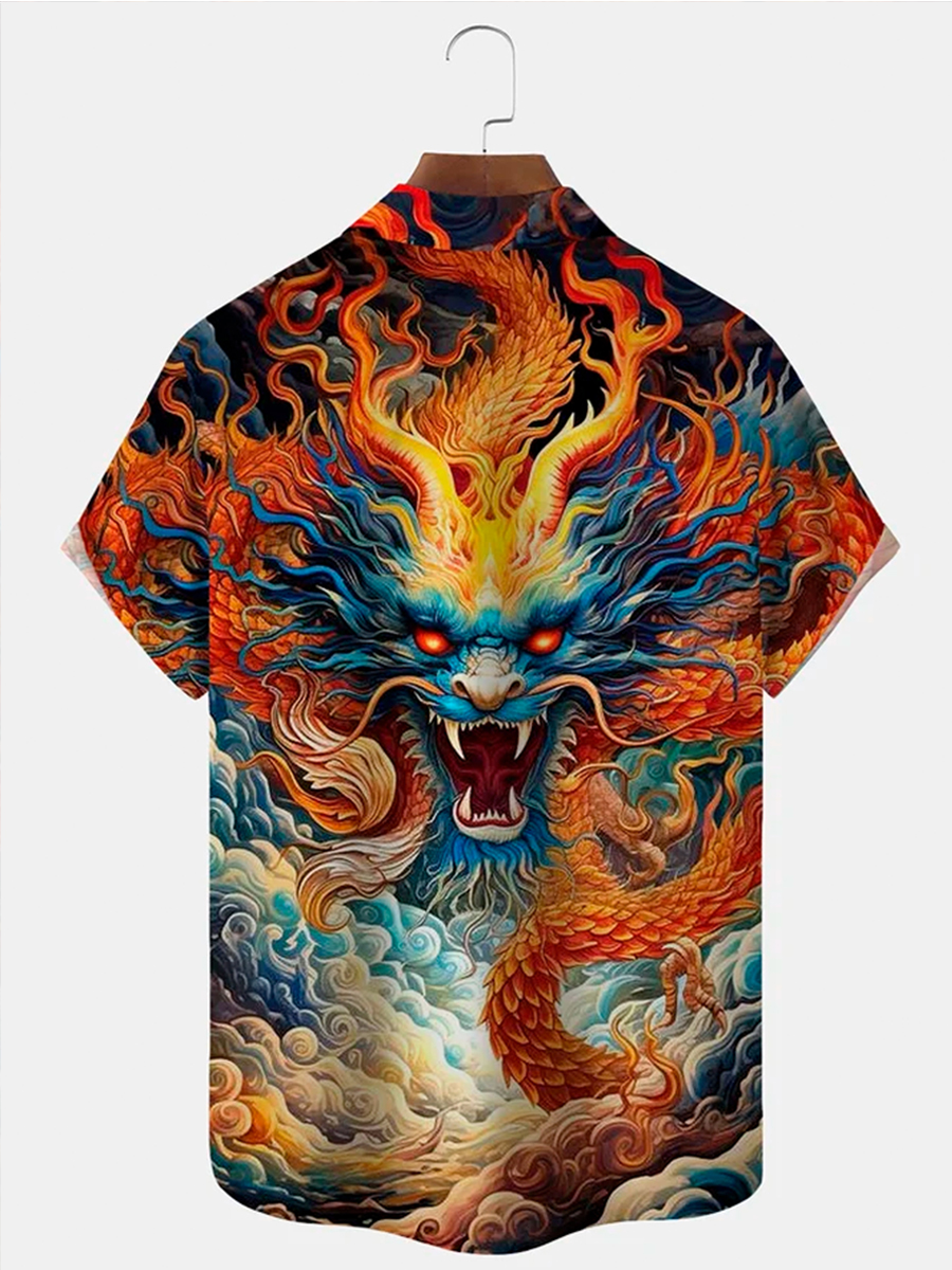 Vintage Ukiyoe Dragon Print Men's Button Pocket Shirt