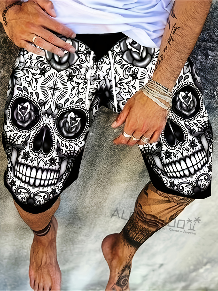 Men's Hawaiian Skull Art Pattern Beach Shorts