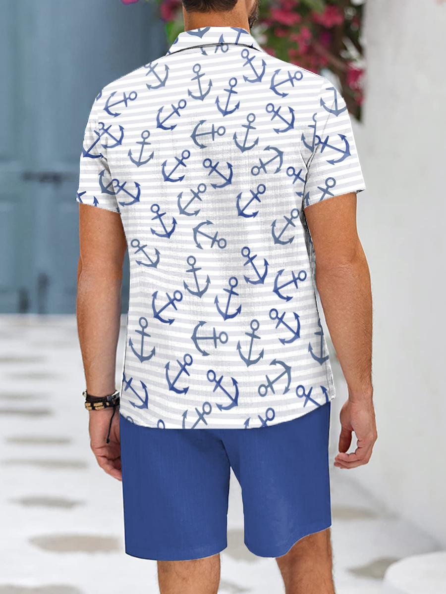 Men's Sets Nautical Anchor Print Button Pocket Two-Piece Hawaiian Shirt Shorts Set