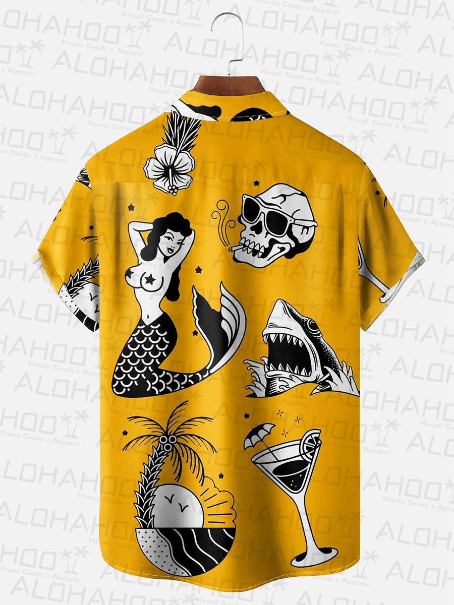 Retro Mermaid Tattoo Chest Pocket Hawaiian Shirt