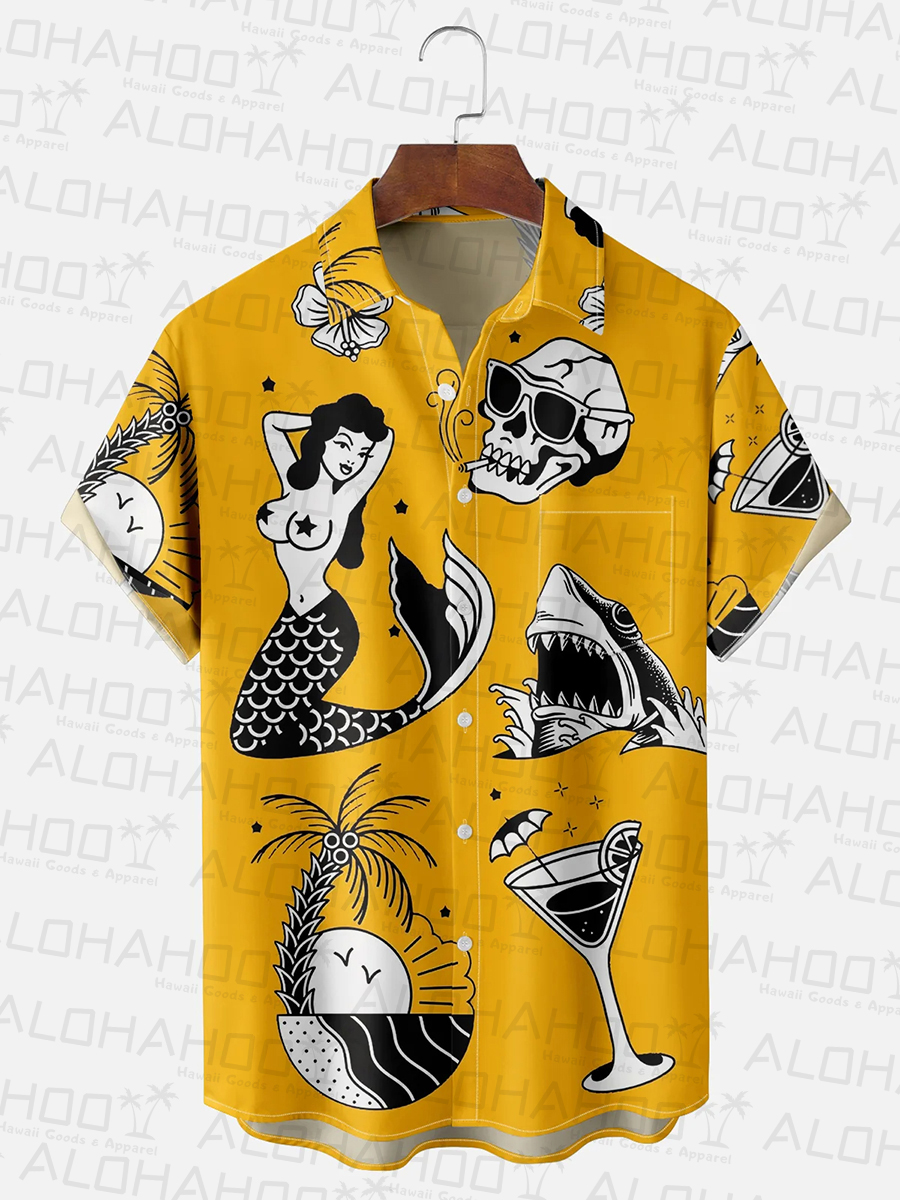 Retro Mermaid Tattoo Chest Pocket Hawaiian Shirt