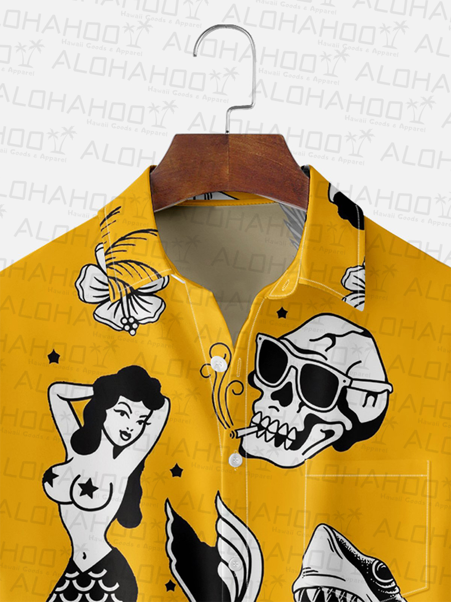 Retro Mermaid Tattoo Chest Pocket Hawaiian Shirt