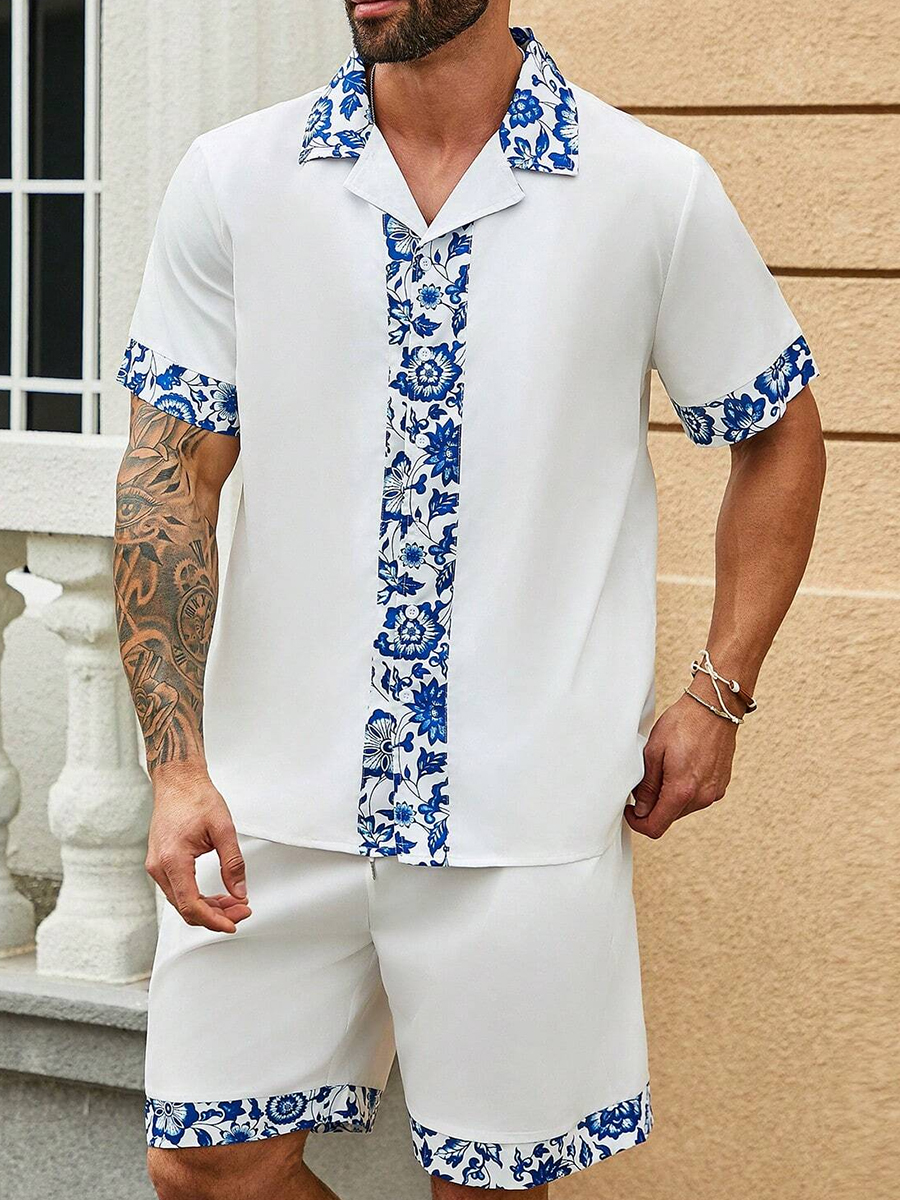 Men's Sets Hawaiian Stylish Floral Print Button Pocket Two-Piece Shirt Shorts Set