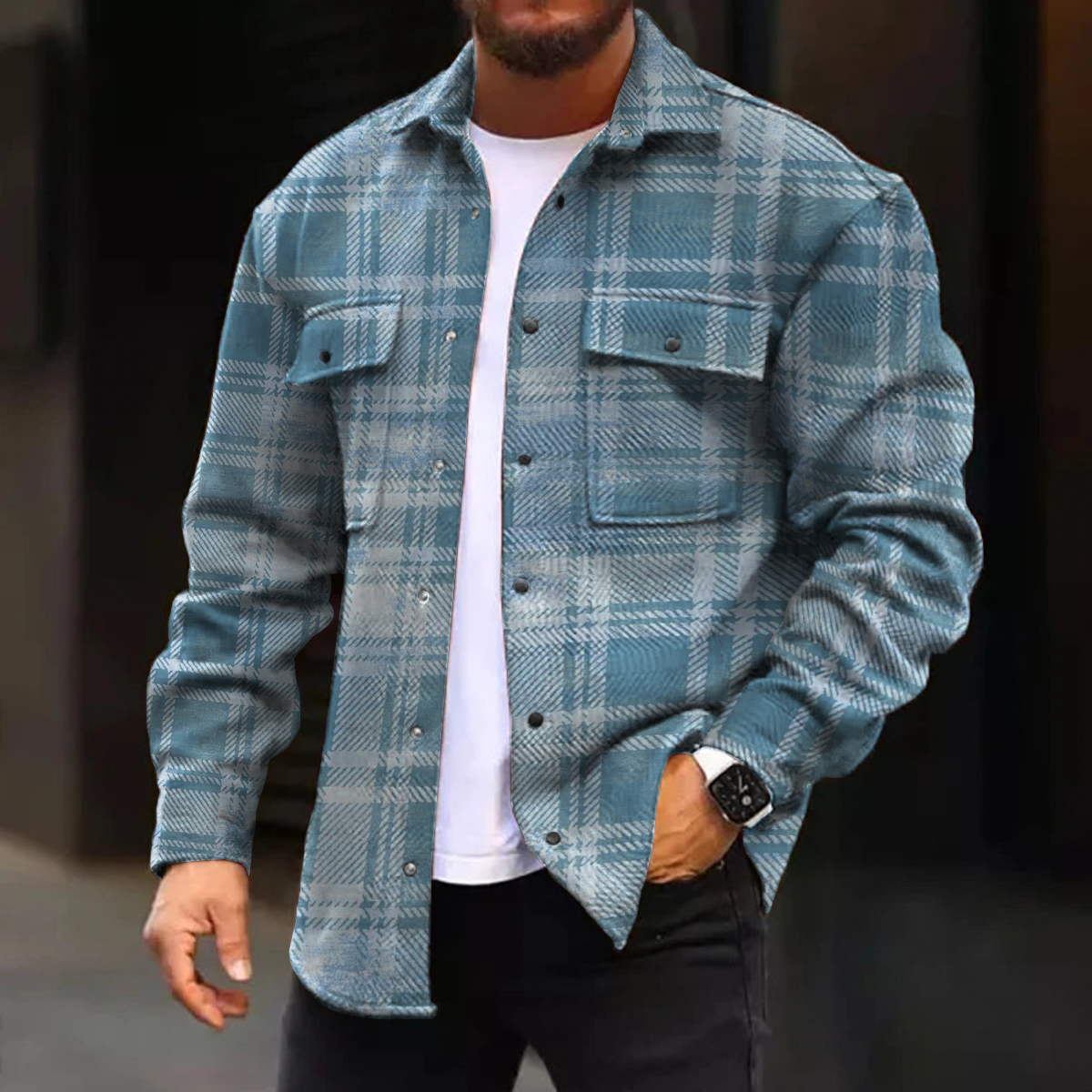 Men's Casual Jacket Retro Plaid Print Long Sleeve Pockets Shirt Jacket