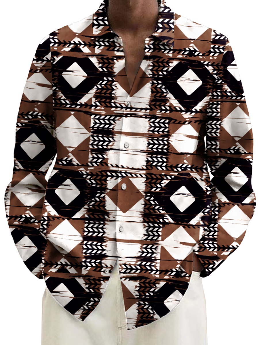 Retro Abstract Geometry Print Long Sleeve Hawaiian Shirt