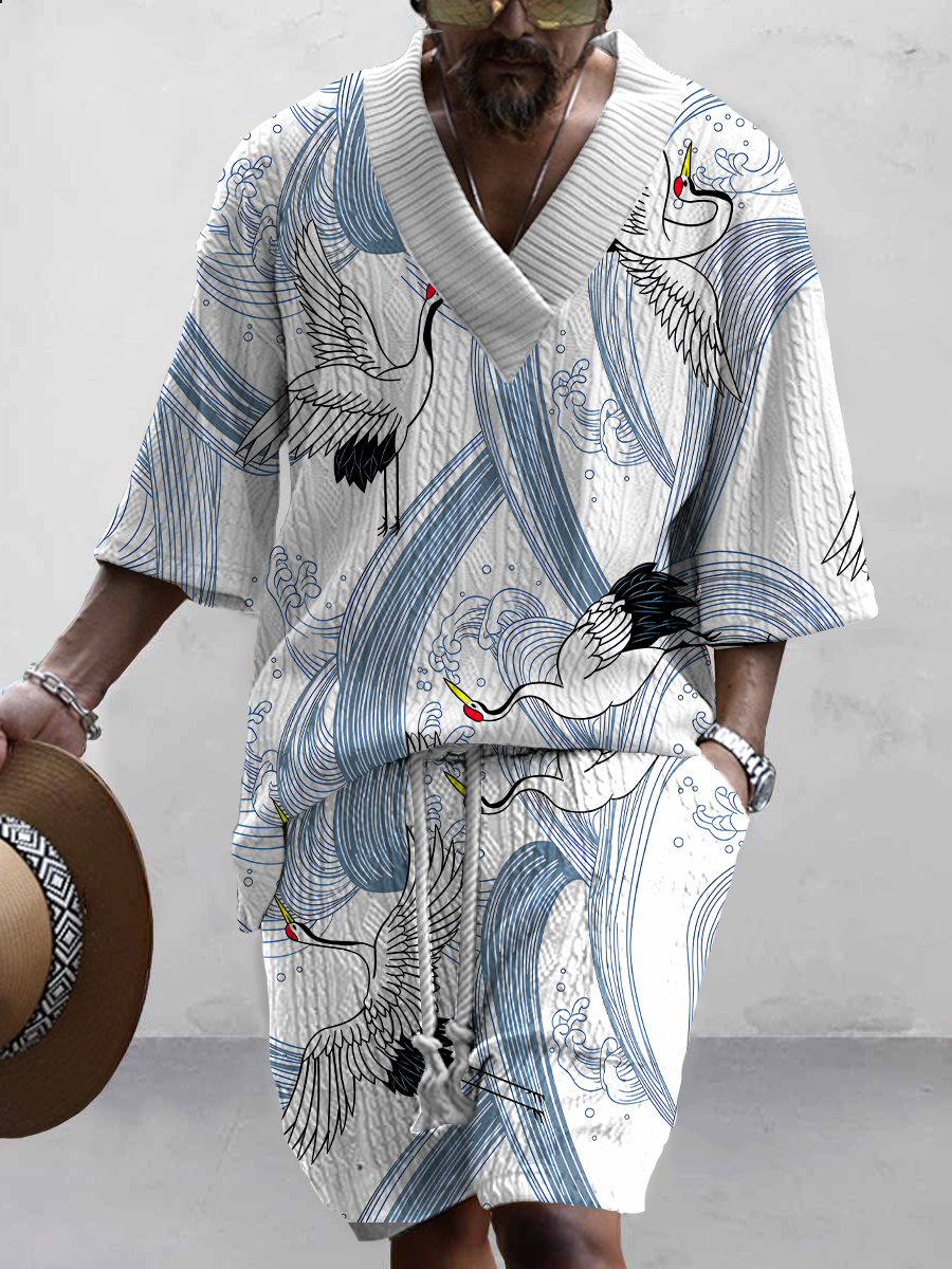 Men's Retro Japanese Crane Print Stylish Knit Shirt Set