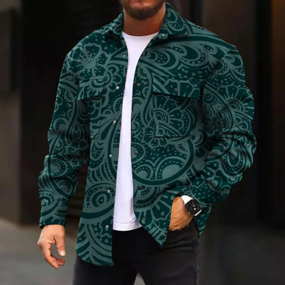 Men's Retro Green Paisley Pattern Long Sleeve Pockets Shirt Jacket
