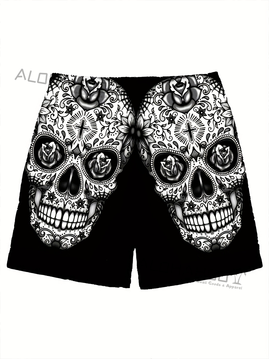 Men's Hawaiian Skull Art Pattern Beach Shorts
